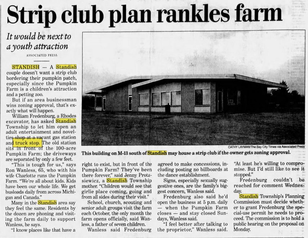 Tonys North Restaurant (Standish Truck Stop) - November 2002 Article On Strip Club Idea